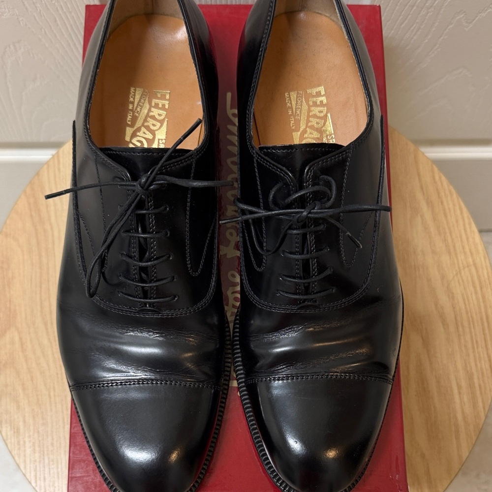 Salvatore Ferragamo Black Cap-Toe Derby Oxfords